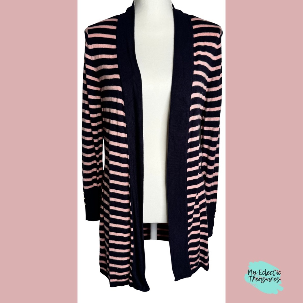 Joan Vass Navy Pink Striped Cardigan Sweater Open Front Button Sleeve Size Med